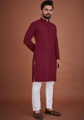 Maroon Embroidered Viscose Kurta Set For Men