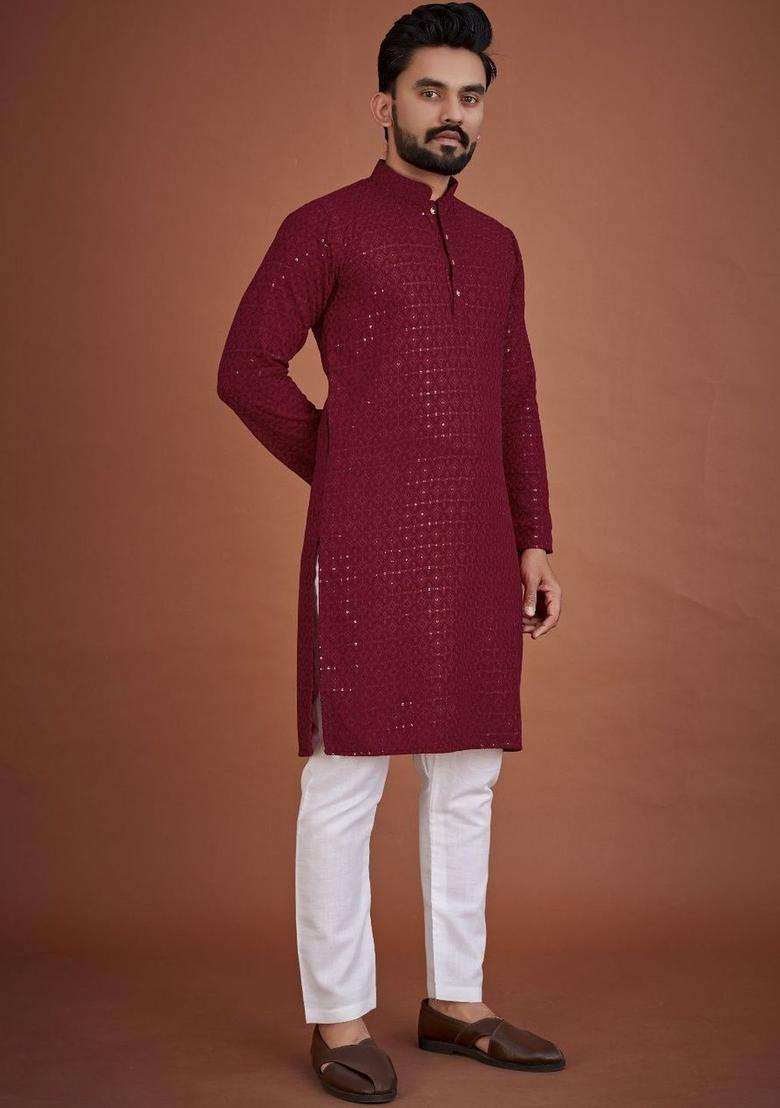 Maroon Embroidered Viscose Kurta Set For Men - Indya
