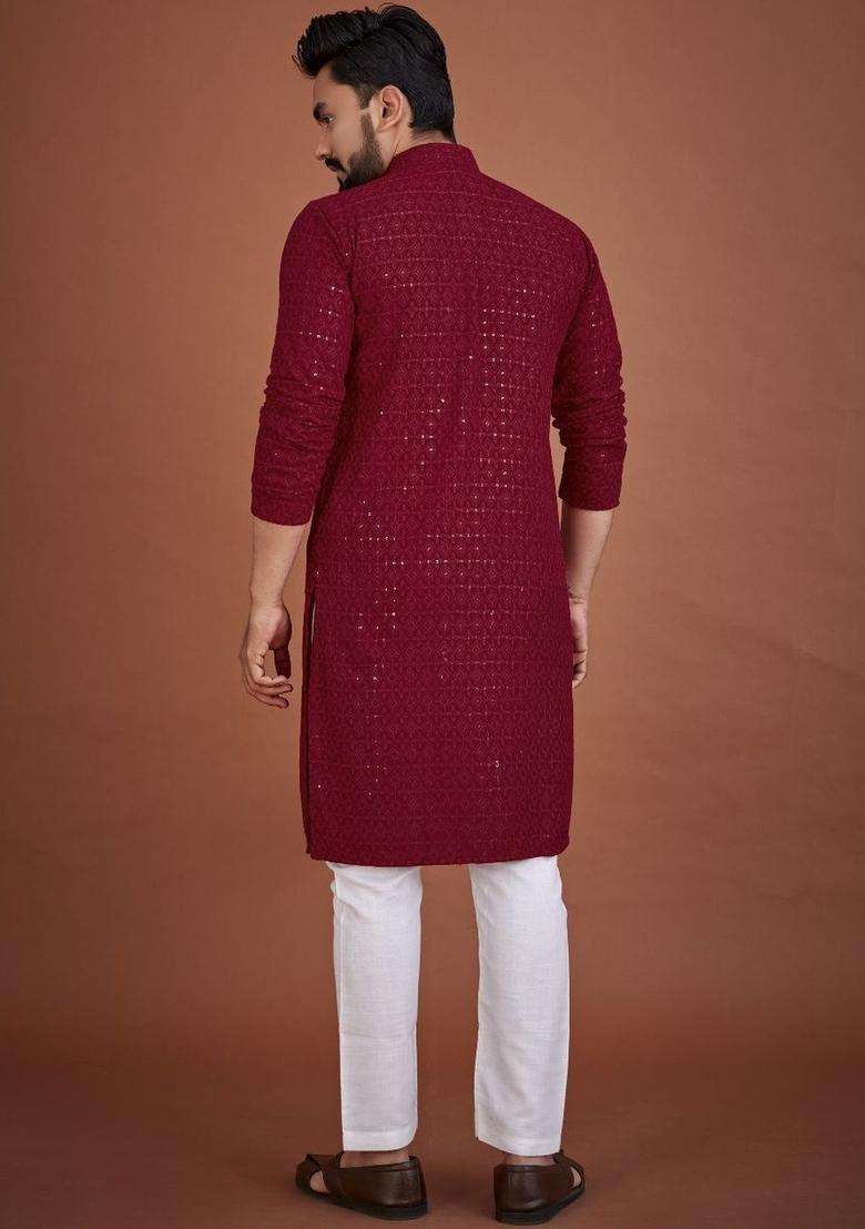 Maroon Embroidered Viscose Kurta Set For Men - Indya