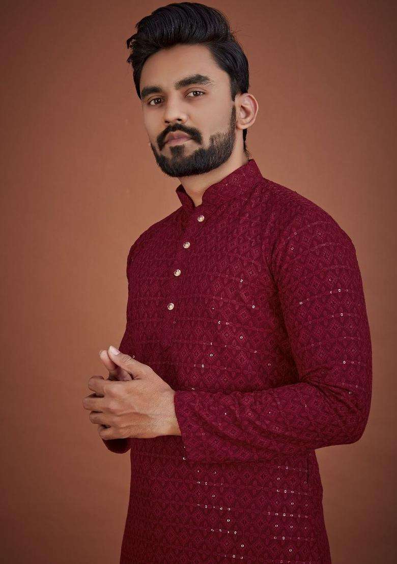 Maroon Embroidered Viscose Kurta Set For Men - Indya
