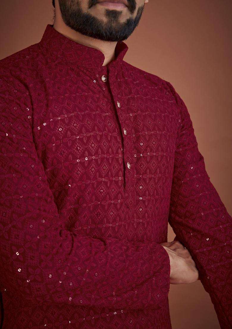 Maroon Embroidered Viscose Kurta Set For Men - Indya