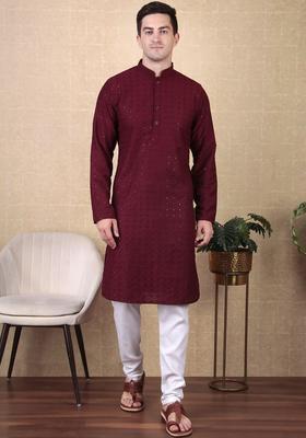 Maroon Embroidered Viscose Kurta Set For Men