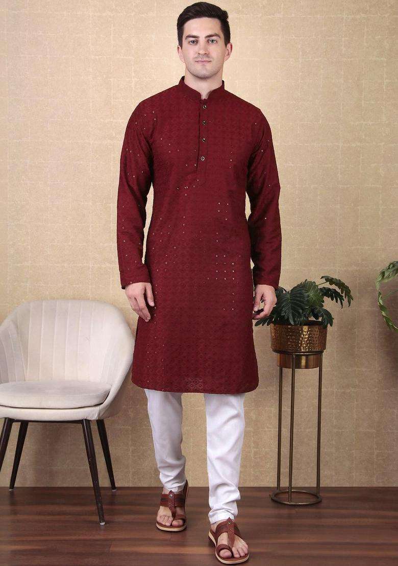 Maroon Embroidered Viscose Kurta Set For Men - Indya