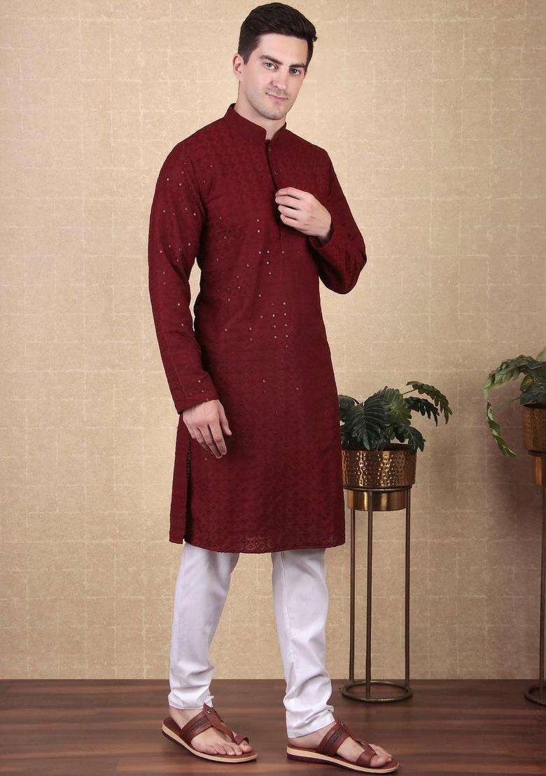 Maroon Embroidered Viscose Kurta Set For Men - Indya