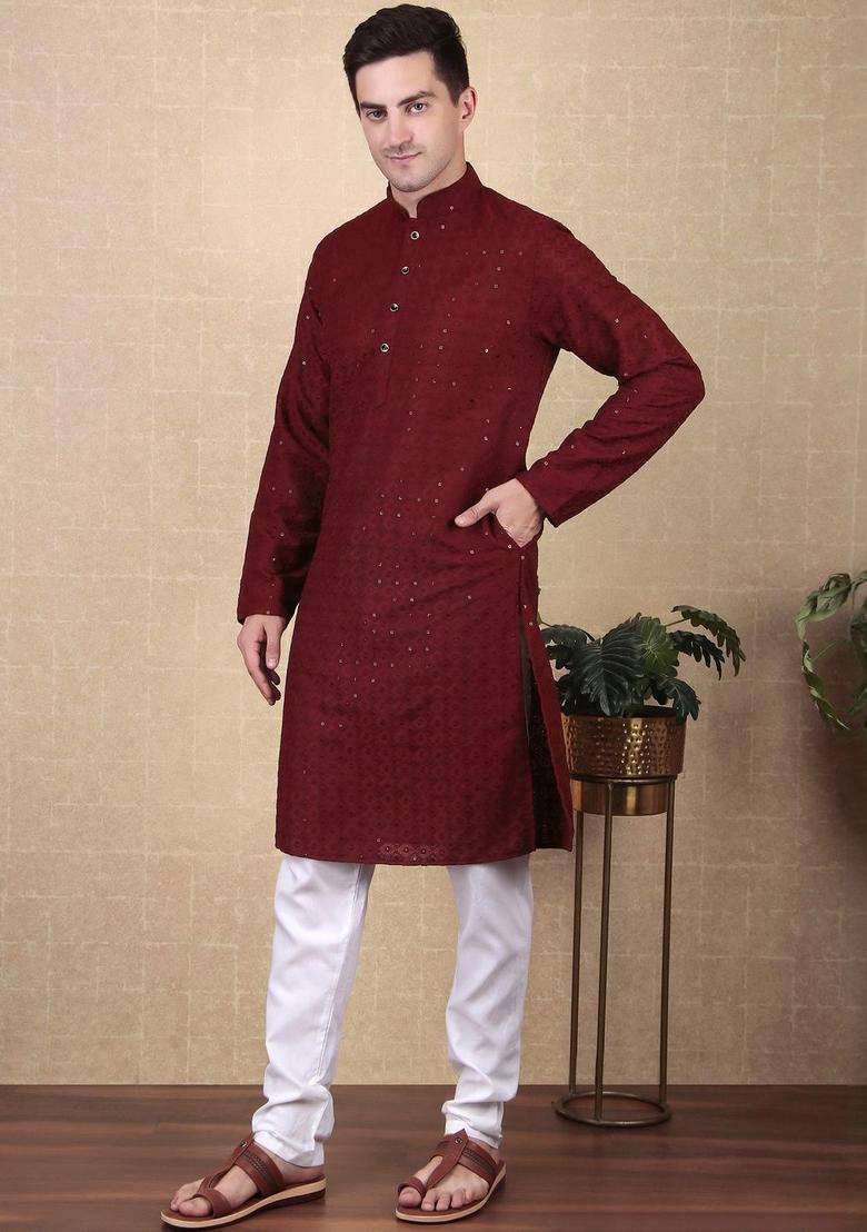 Maroon Embroidered Viscose Kurta Set For Men - Indya