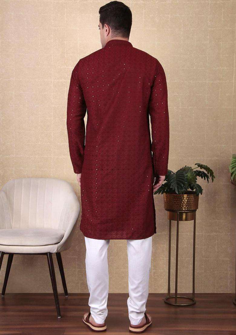 Maroon Embroidered Viscose Kurta Set For Men - Indya