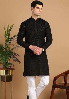 Black Embroidered Viscose Kurta Set For Men