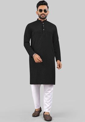 Black Self Design Polyester Kurta Set For Men