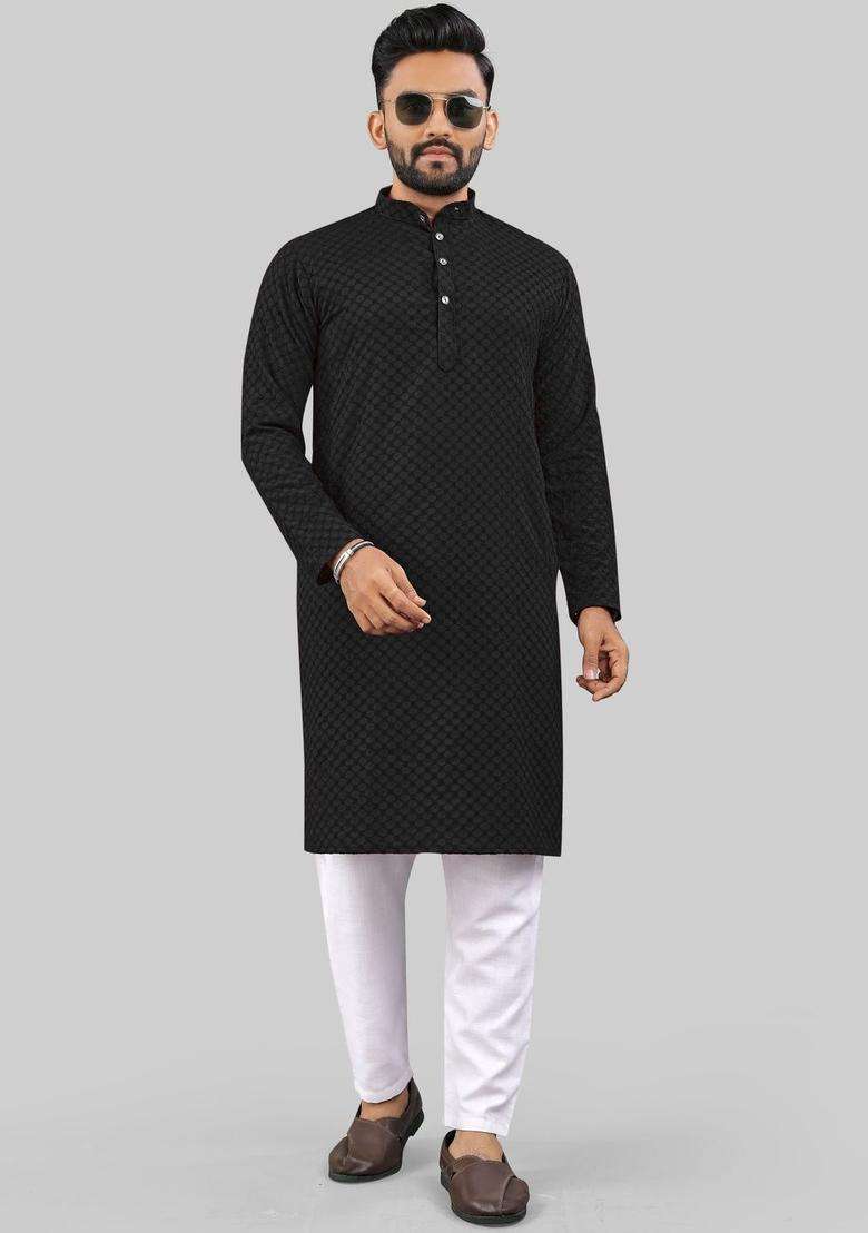 Black Self Design Polyester Kurta Set For Men - Indya