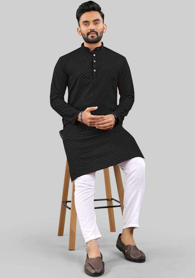 Black Self Design Polyester Kurta Set For Men - Indya