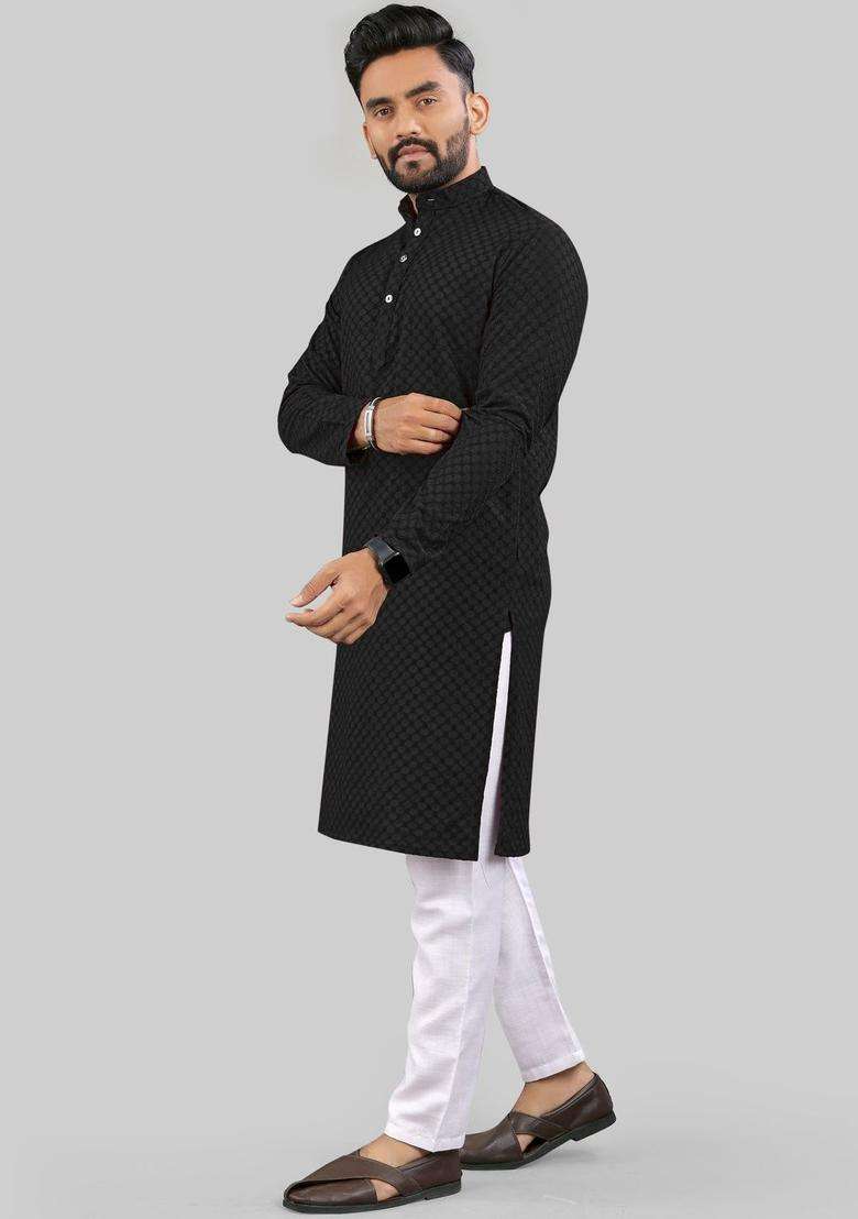 Black Self Design Polyester Kurta Set For Men - Indya