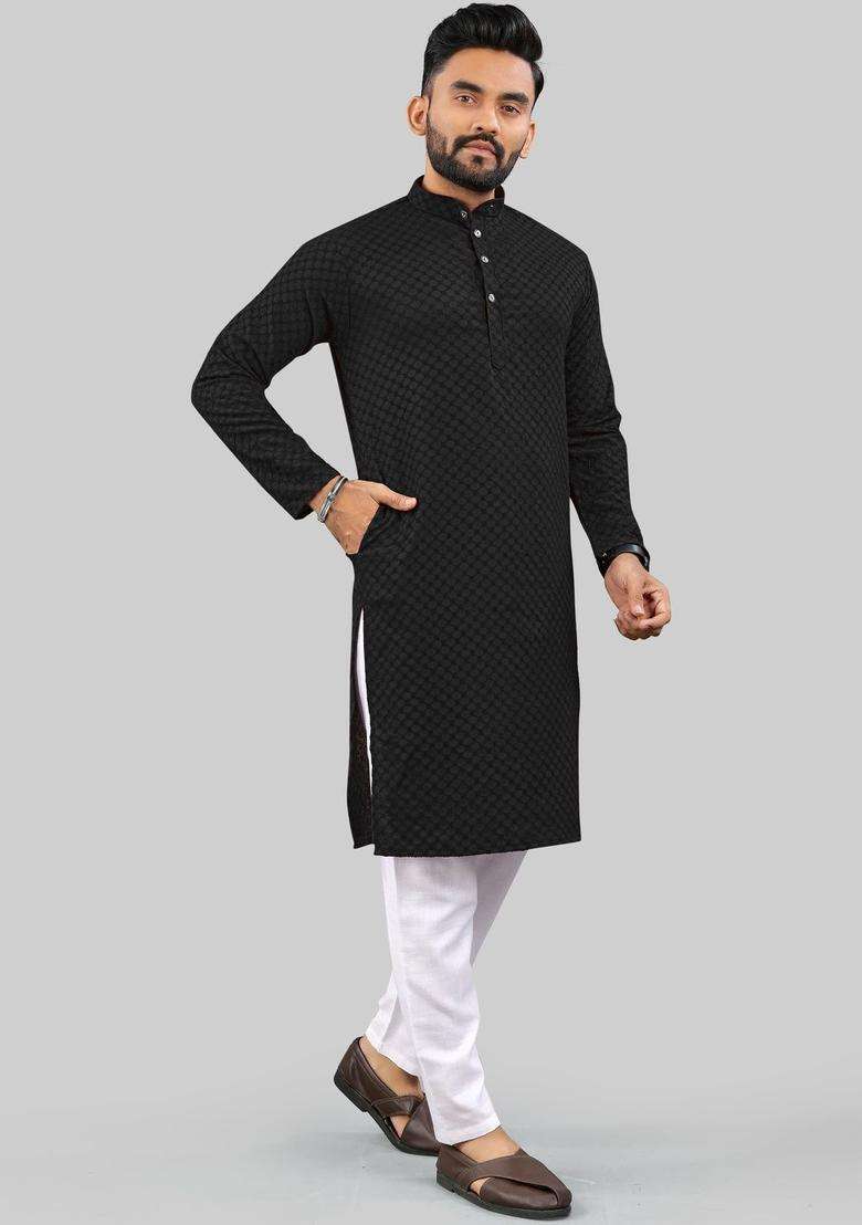 Black Self Design Polyester Kurta Set For Men - Indya