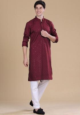Maroon Embroidered Viscose Kurta Set For Men