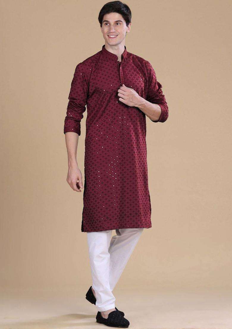 Maroon Embroidered Viscose Kurta Set For Men - Indya