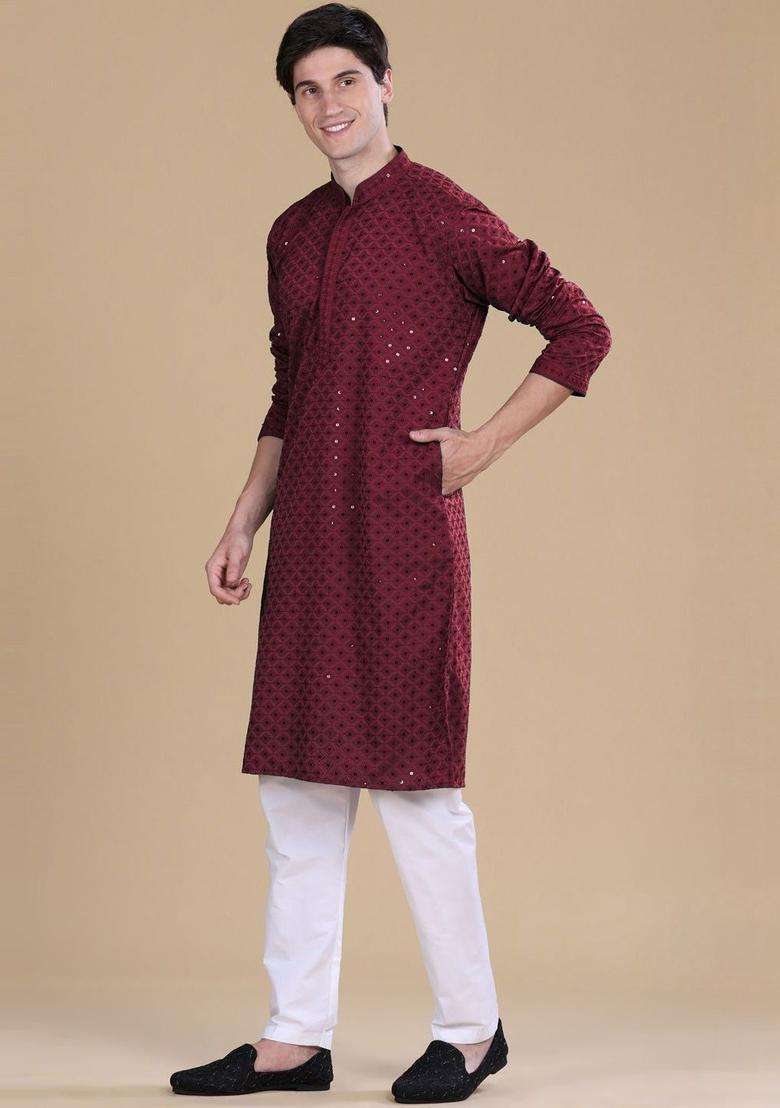 Maroon Embroidered Viscose Kurta Set For Men - Indya