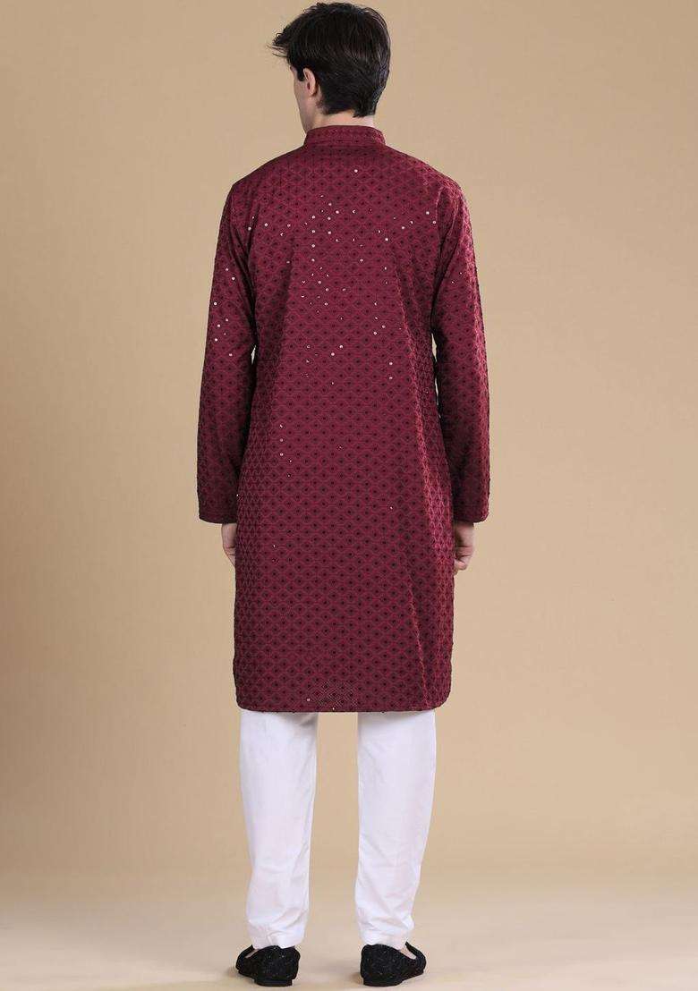 Maroon Embroidered Viscose Kurta Set For Men - Indya