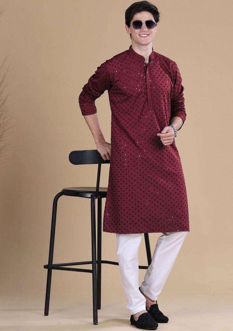 Maroon Embroidered Viscose Kurta Set For Men - Indya