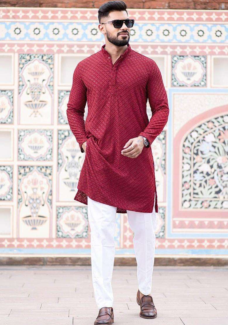 Maroon Embroidered Viscose Kurta Set For Men - Indya