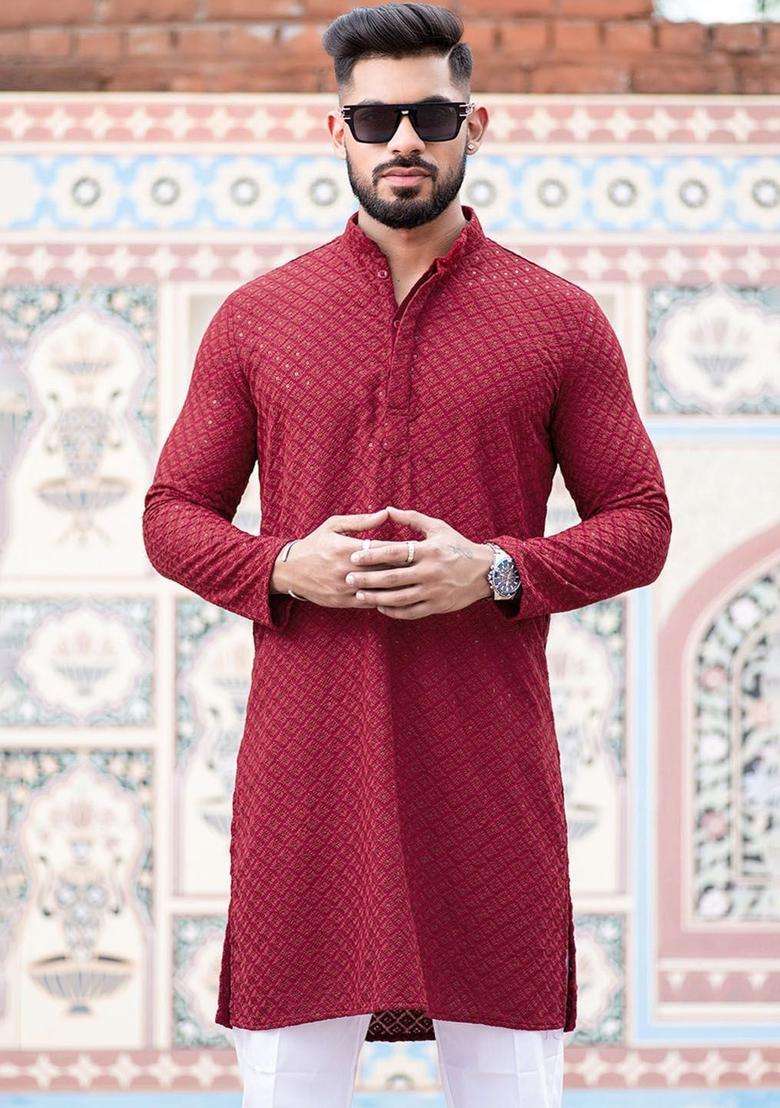 Maroon Embroidered Viscose Kurta Set For Men - Indya