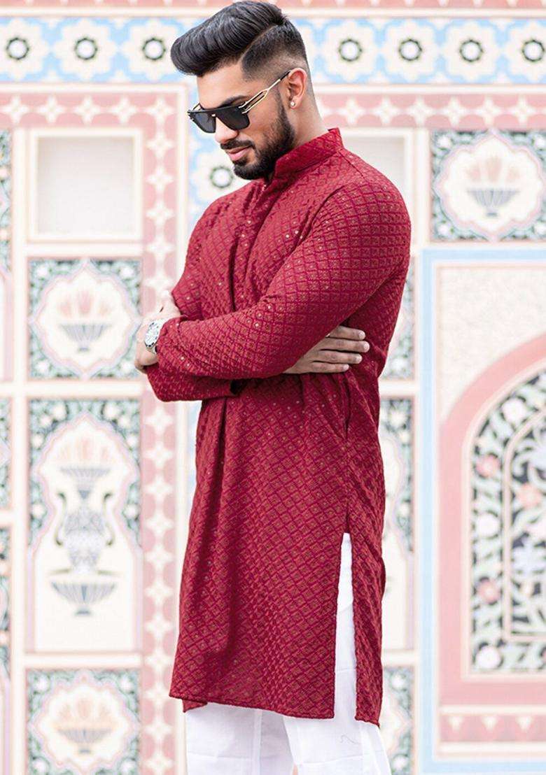 Maroon Embroidered Viscose Kurta Set For Men - Indya