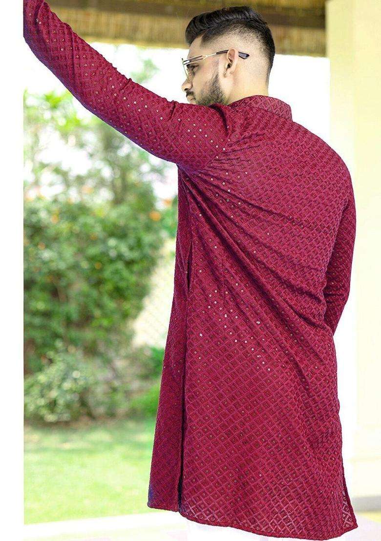 Maroon Embroidered Viscose Kurta Set For Men - Indya