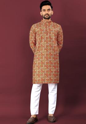 Brown Printed Viscose Kurta Set For Men