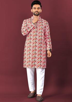 Red Printed Viscose Kurta Set For Men