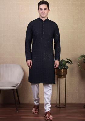 Black Embroidered Viscose Kurta Set For Men