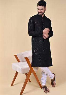 Black Embroidered Viscose Kurta Set For Men