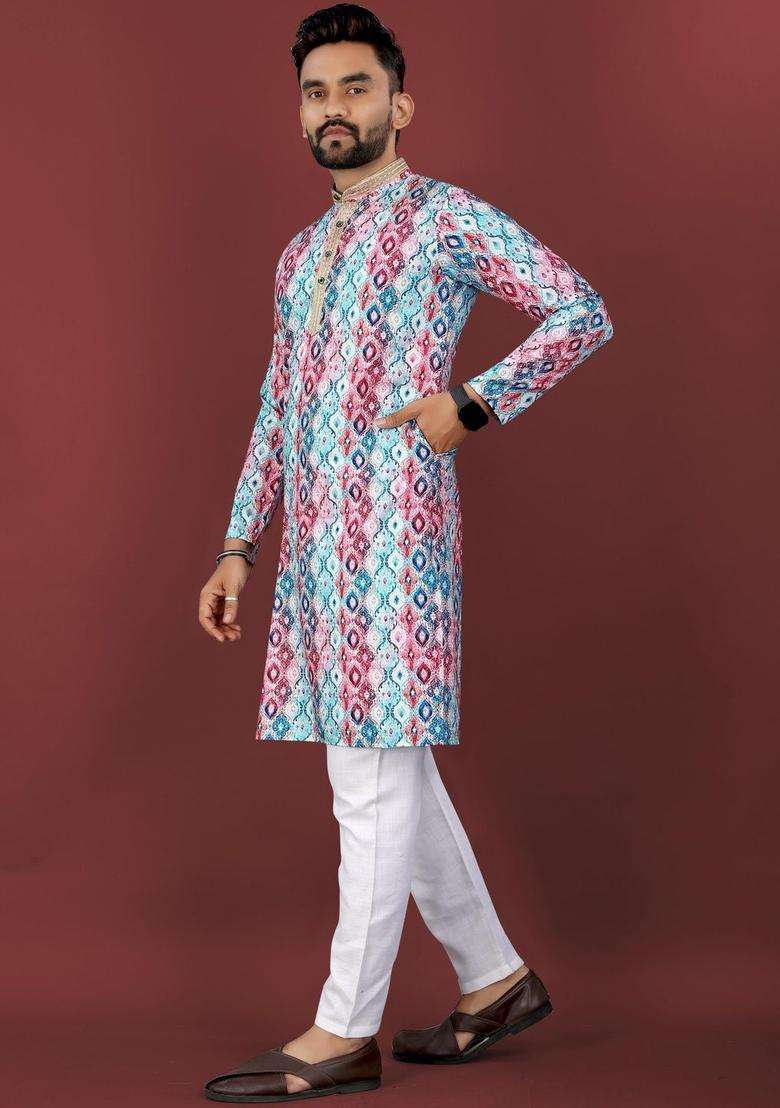 Multi Printed Viscose Kurta Set For Men - Indya