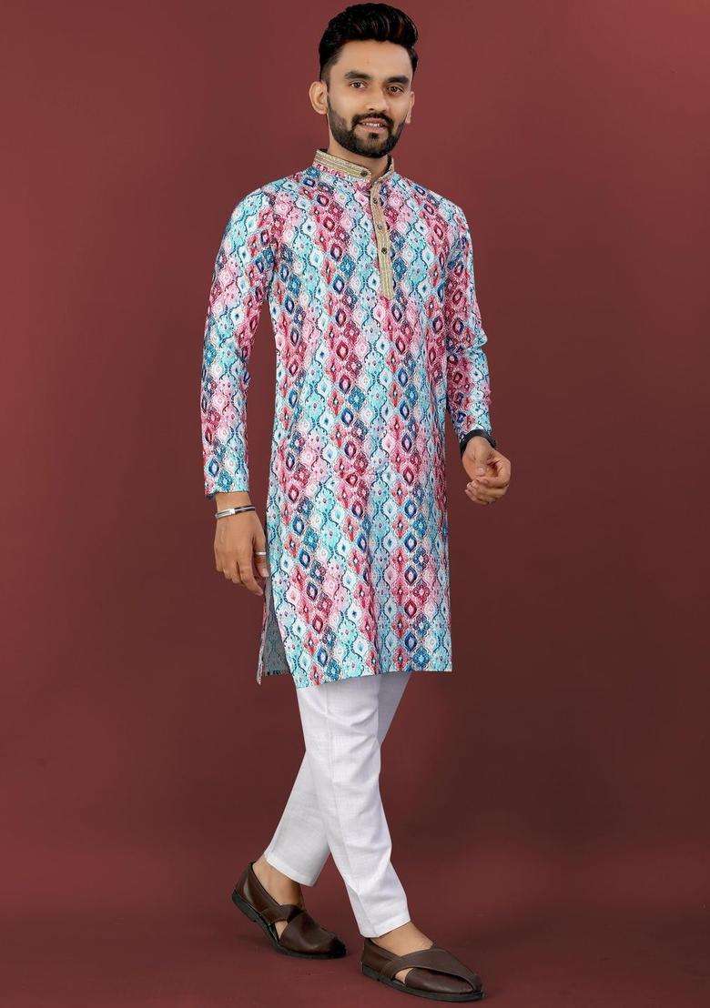 Multi Printed Viscose Kurta Set For Men - Indya
