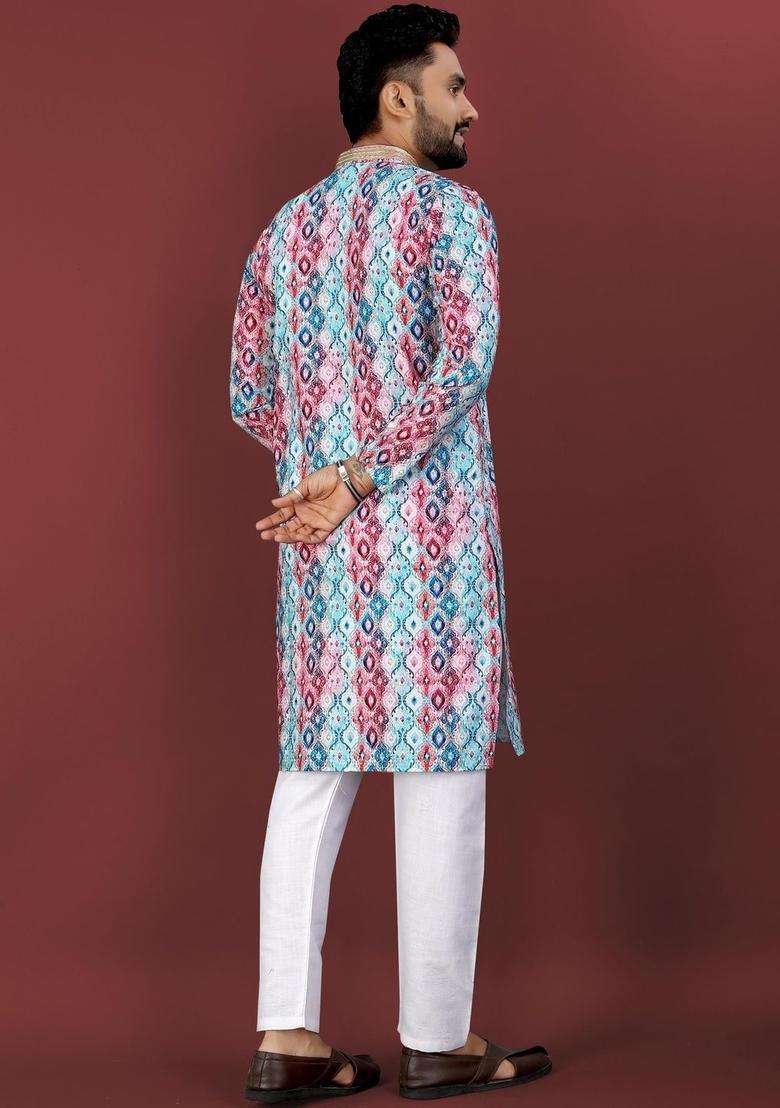 Multi Printed Viscose Kurta Set For Men - Indya
