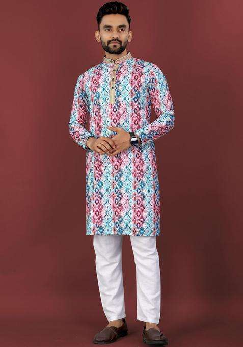 Multi Printed Viscose Kurta Set For Men