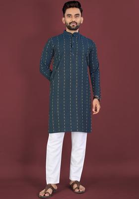 Teal Woven Design Cotton Kurta Set For Men
