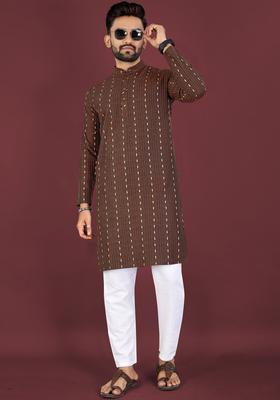 Brown Woven Design Cotton Kurta Set For Men
