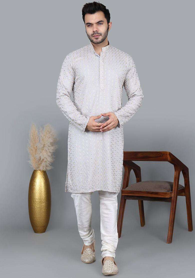 Grey Woven Design Cotton Kurta Set For Men - Indya