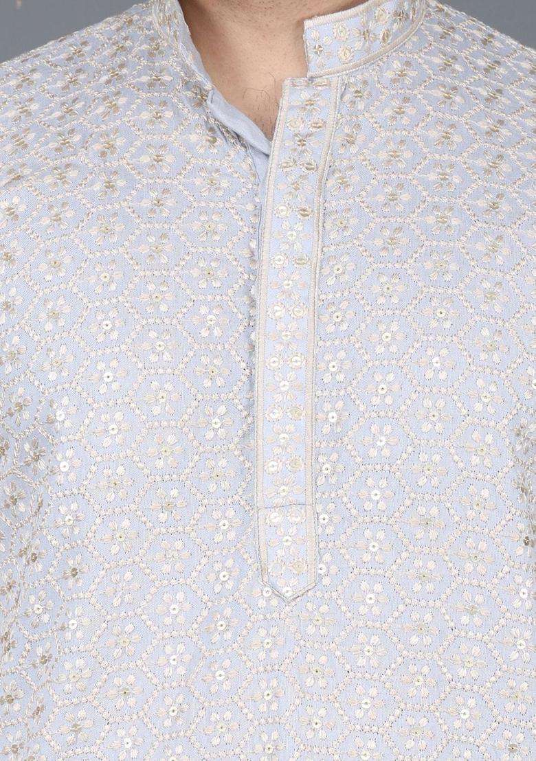 Grey Woven Design Cotton Kurta Set For Men - Indya
