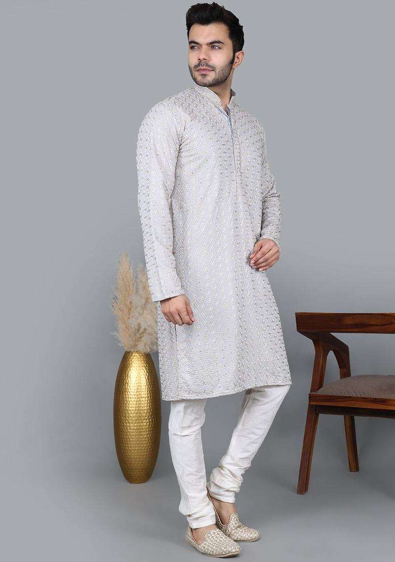 Grey Woven Design Cotton Kurta Set For Men - Indya