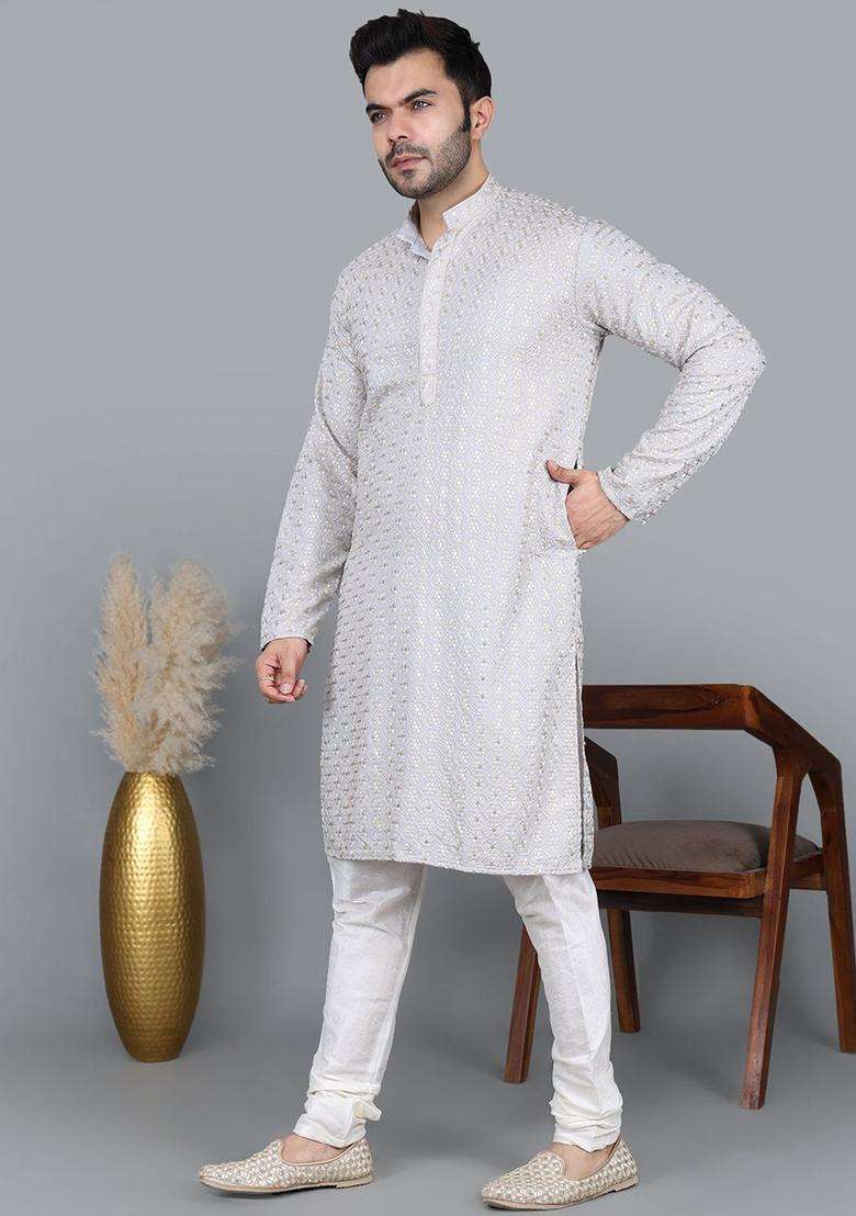 Grey Woven Design Cotton Kurta Set For Men - Indya