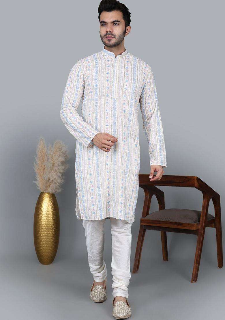 White Woven Design Cotton Kurta Set For Men - Indya