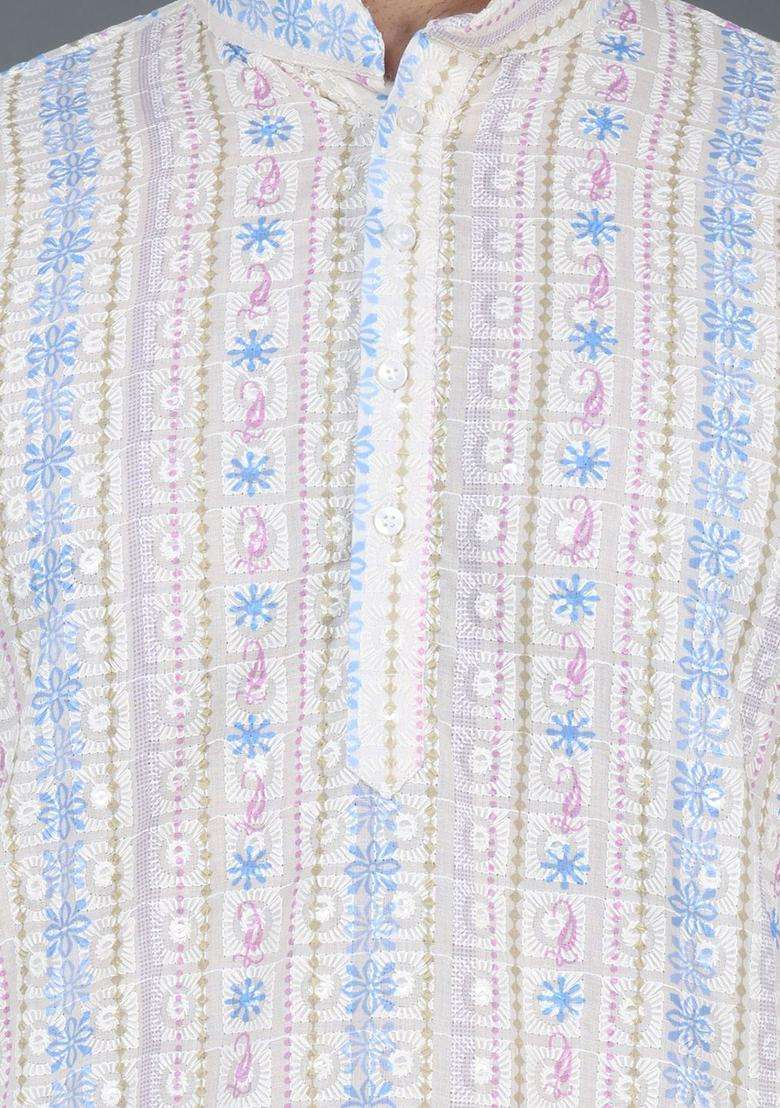 White Woven Design Cotton Kurta Set For Men - Indya