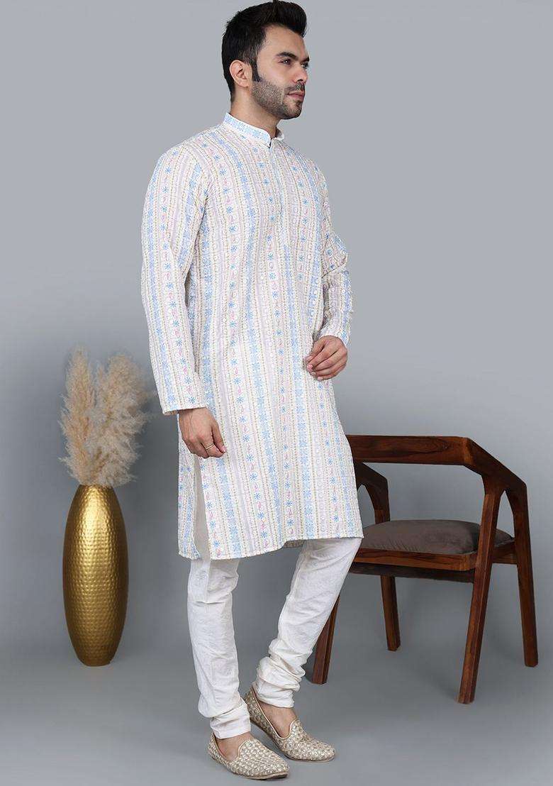 White Woven Design Cotton Kurta Set For Men - Indya