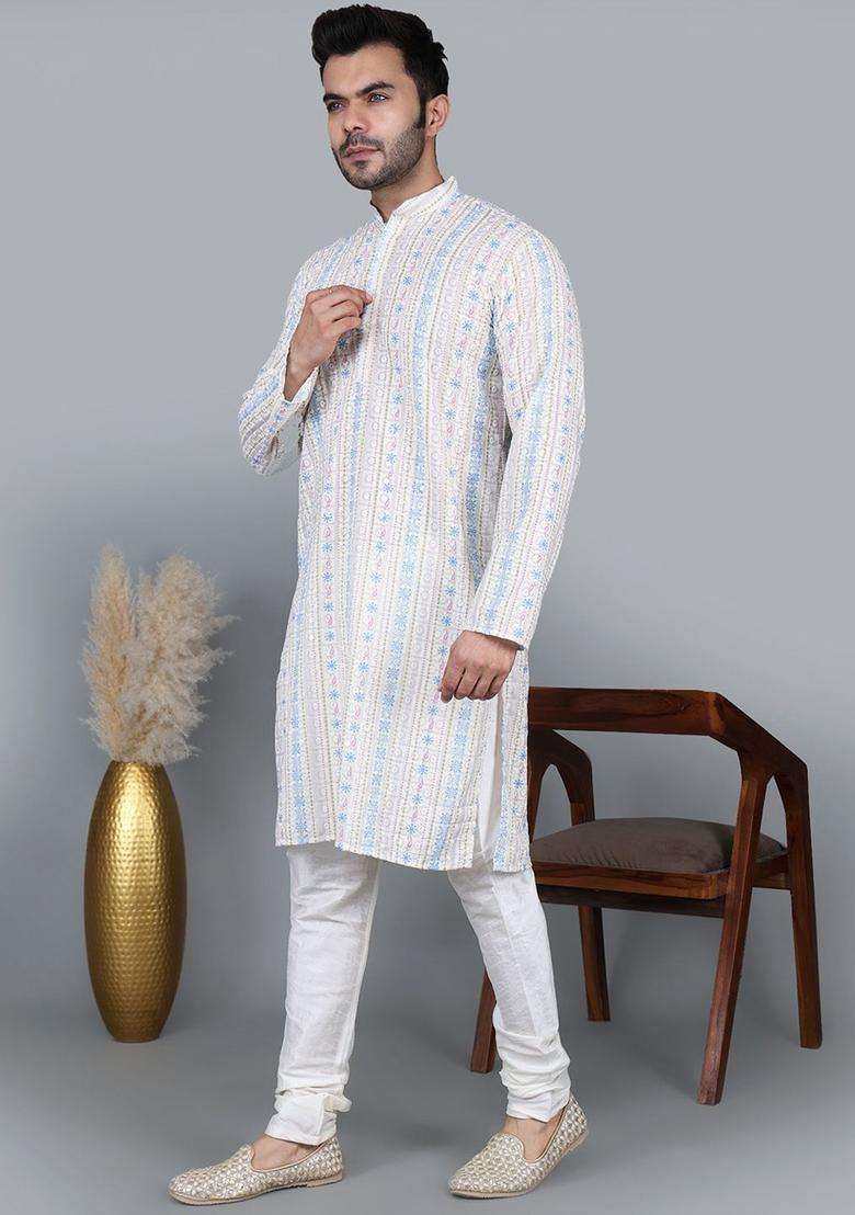 White Woven Design Cotton Kurta Set For Men - Indya