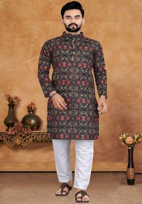 Black Printed Cotton Kurta Set For Men