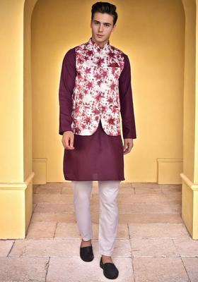 Purple Solid Cotton Kurta Set For Men