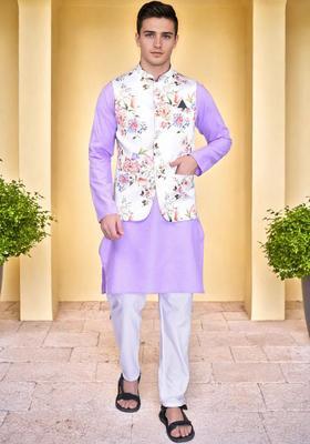 Purple Solid Cotton Kurta Set For Men