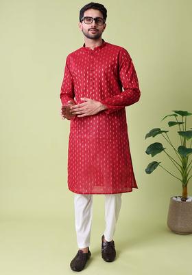 Maroon Printed Cotton Kurta Set For Men