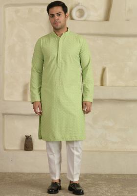 Green Woven Design Viscose Kurta Set For Men