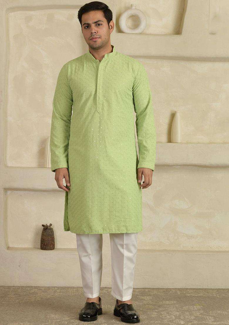 Green Woven Design Viscose Kurta Set For Men - Indya