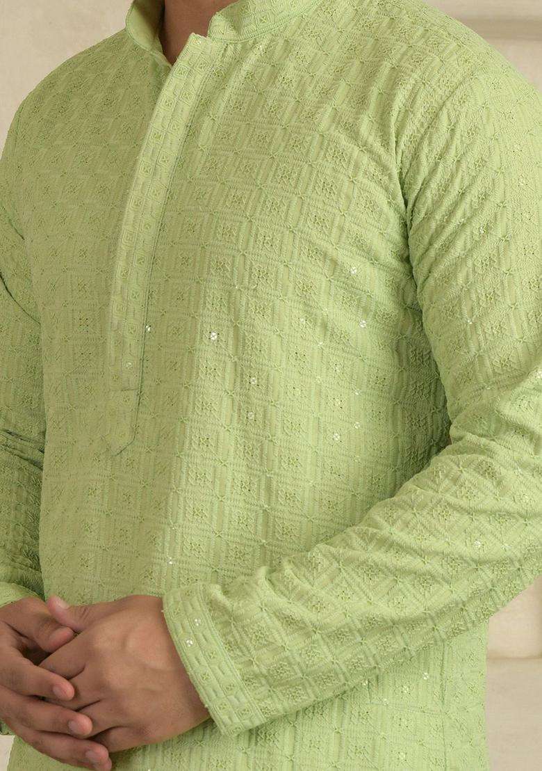Green Woven Design Viscose Kurta Set For Men - Indya